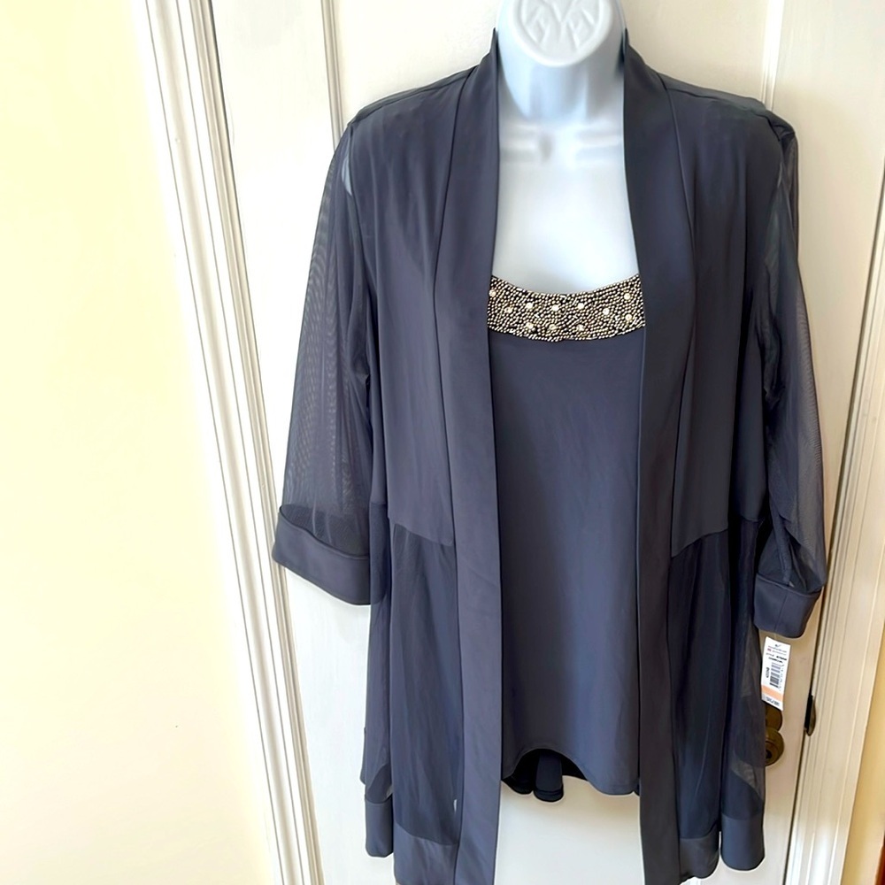 NWT Mesh Jacket Tank Top Women’s 14 W‎ Grey Mocked Beaded Jeweled Sheer Formal